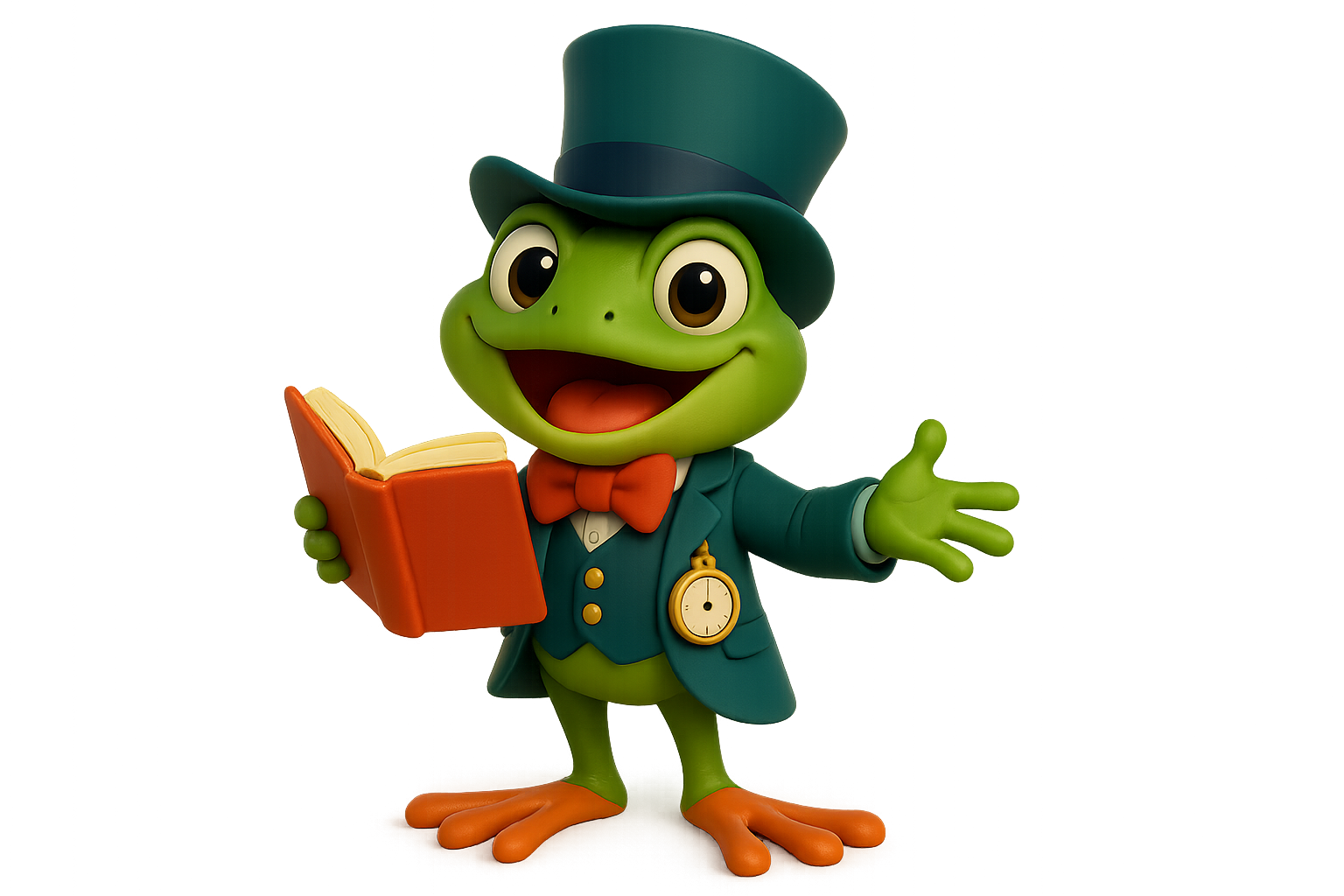 Junior the green frog with bow tie and pocket watch, symbol of respect in children&rsquo;s fairy tales.