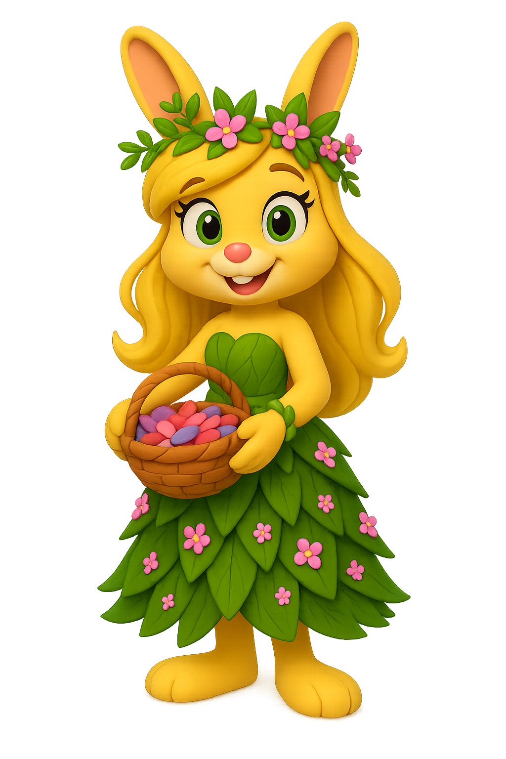 Leafy the rabbit with flower crown and leafy dress, symbol of kindness in children&rsquo;s stories