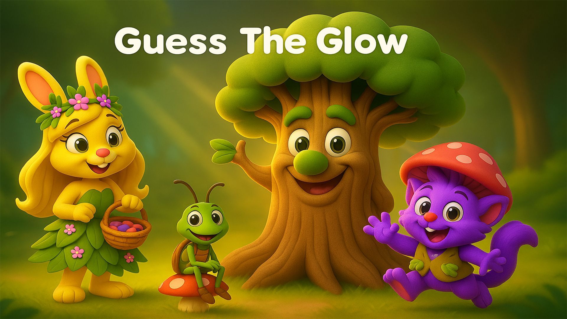 Alderwise the smiling oak Princess Leafy with a basket and Pico the parrot gaze at a glowing light in a bright 3D cartoon forest scene 16 by 9 thumbnail.