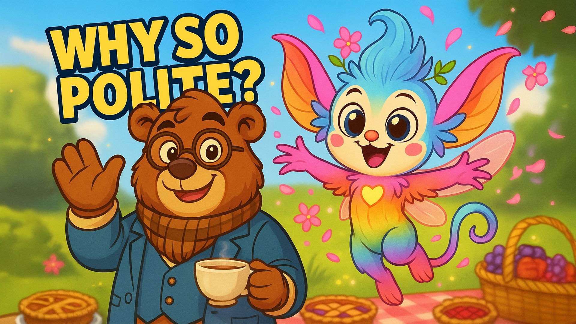 Friendly bear with coffee and rainbow fairy creature at picnic, bedtime story about politeness for kids.