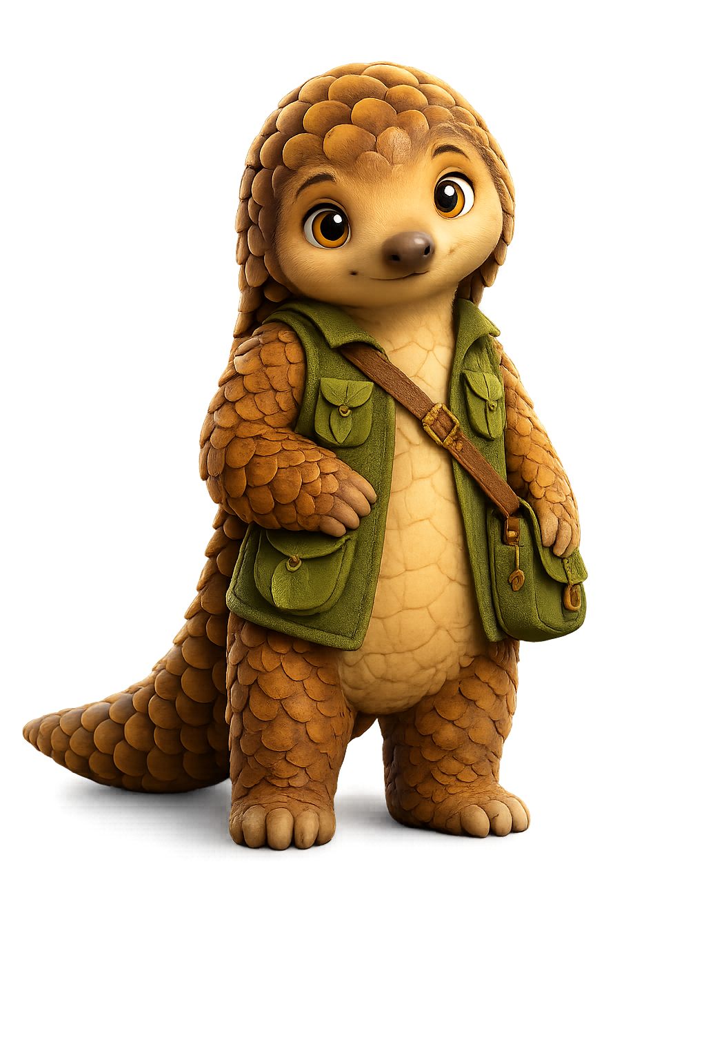 Mallow the warm bronze pangolin wearing a green exploration vest and field satchel
