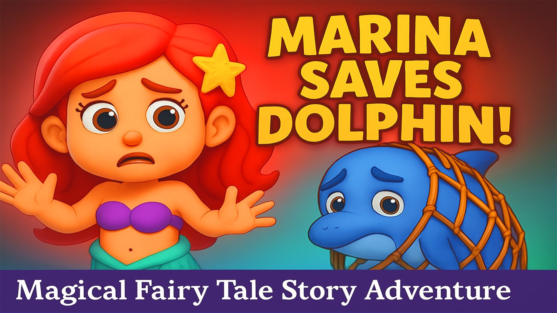Colorful thumbnail of Marina the Mermaid reaching to rescue a dolphin trapped in a net, with glowing golden shells and a magical underwater background.
