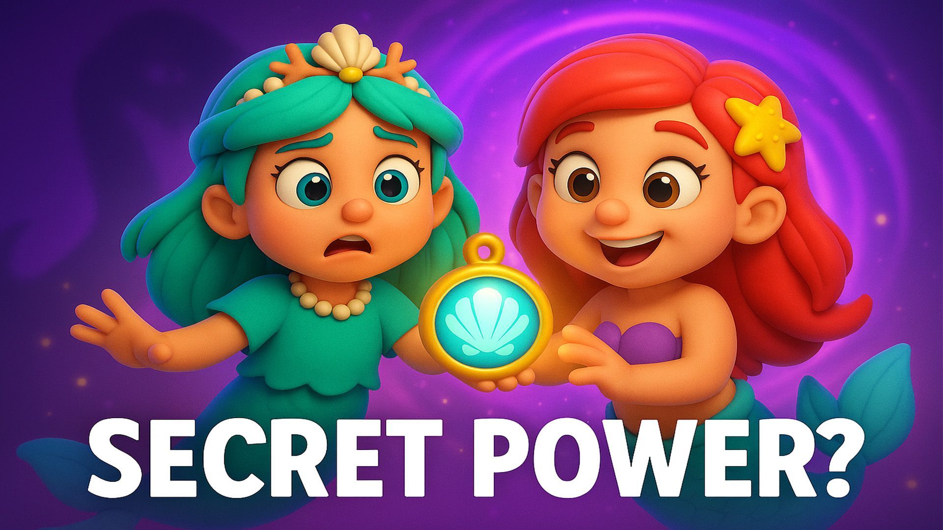 3D cartoon thumbnail of Marina and Nerissa holding a glowing seashell pendant with curious expressions, eel