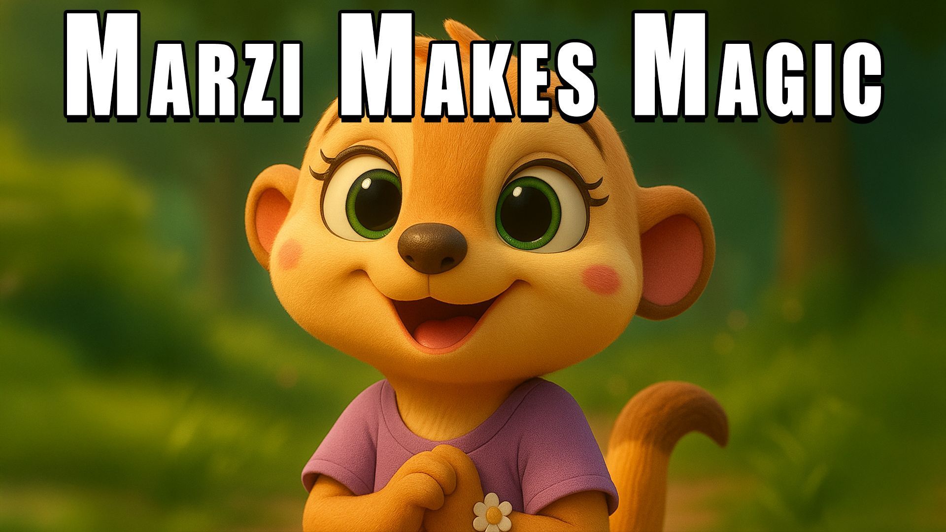 Smiling meerkat character Marzi with flower bracelet, bedtime story about gratitude and magic for kids.