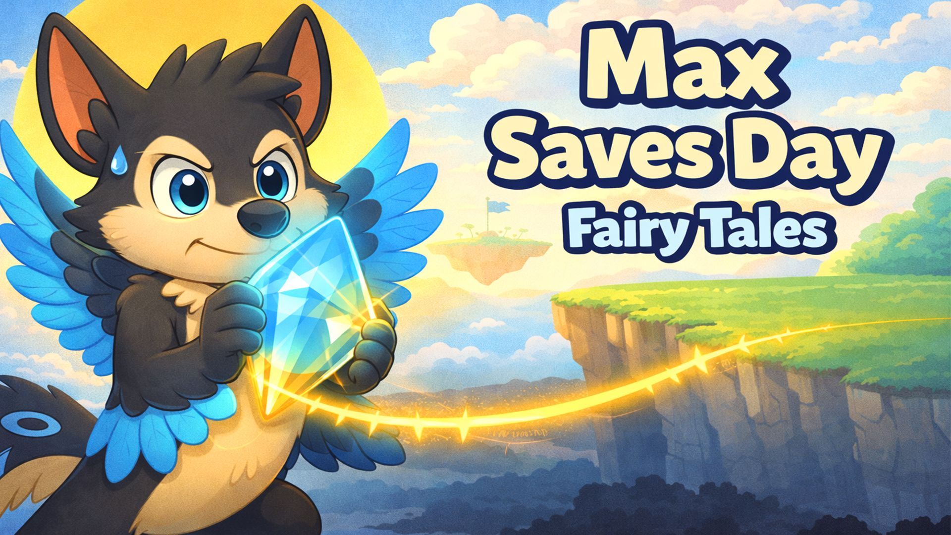 Max the Sky Fox flies over a rocky canyon reaching toward a falling character silhouette in a bright adventure scene