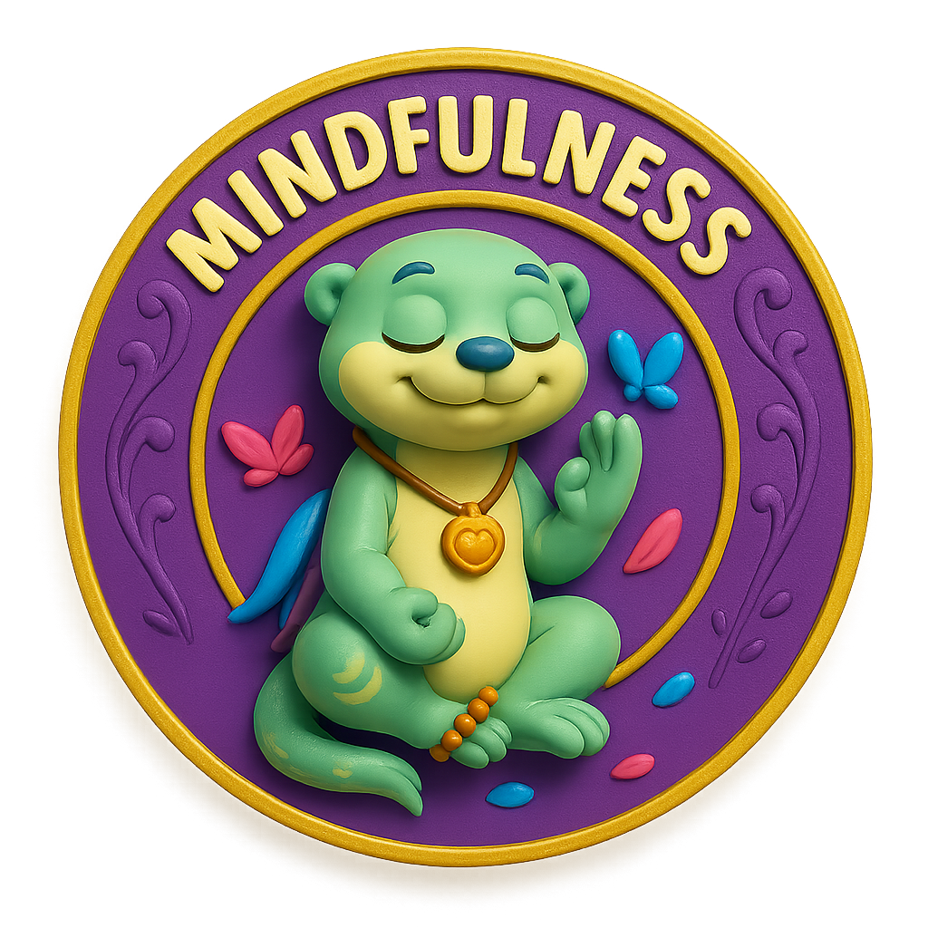 A 3D cartoon-style badge featuring a calm otter meditating with butterflies and petals, representing mindfulness.