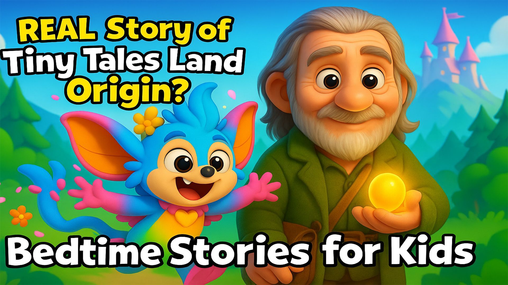 3D cartoon illustration of Alderwise holding the glowing Golden Seed with Pixie leaping beside him, petals scattering in an enchanted forest with a glowing castle - bedtime and sleep story artwork.