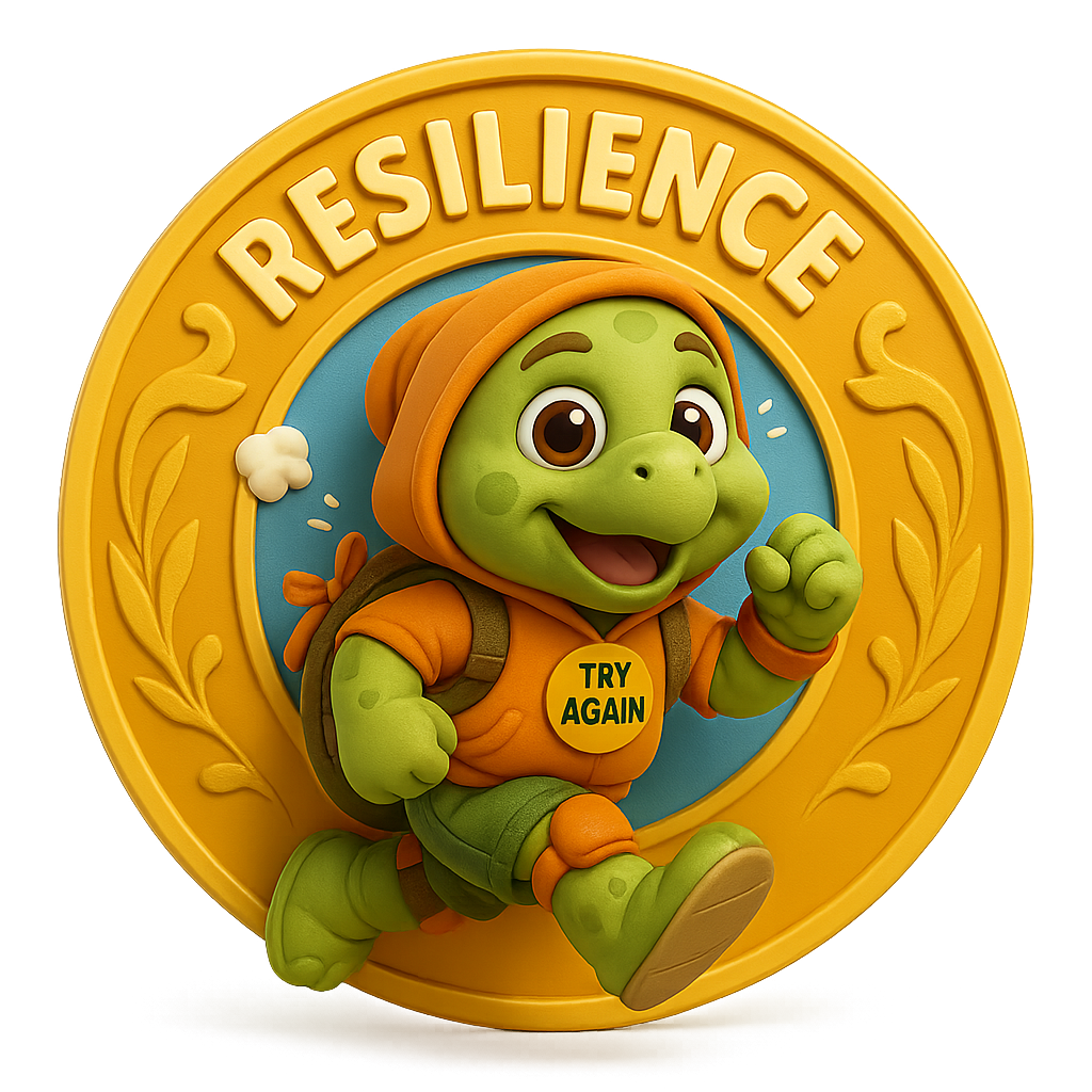 3D cartoon-style badge of a turtle in an orange hoodie, smiling while marching forward with a “Try Again” badge, with the word “Resilience” above.