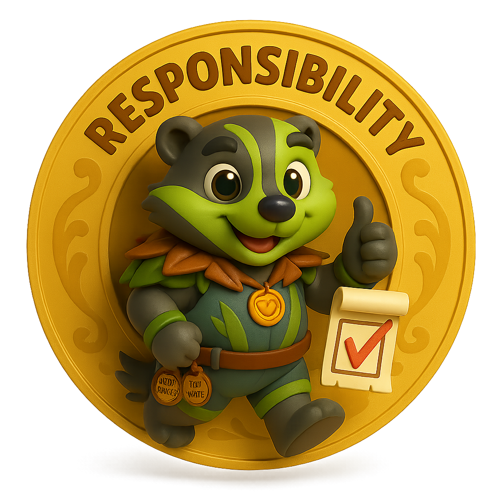 3D cartoon-style badge of a badger giving a thumbs-up while holding a checklist with a red checkmark, with the word “Responsibility” above.