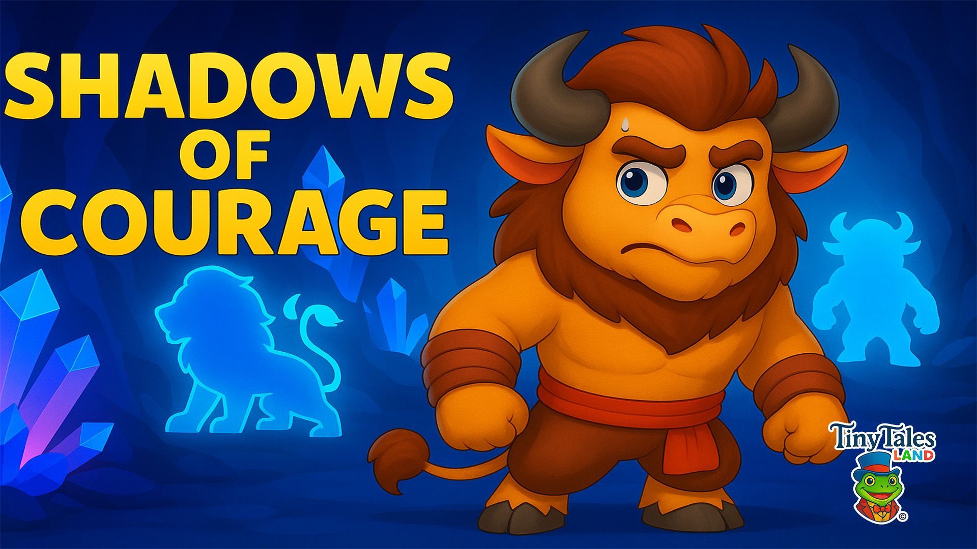 3D cartoon-style thumbnail of Sturro, the Ox-Lion hybrid, standing bravely in glowing crystal caverns with giant shadow figures behind him.