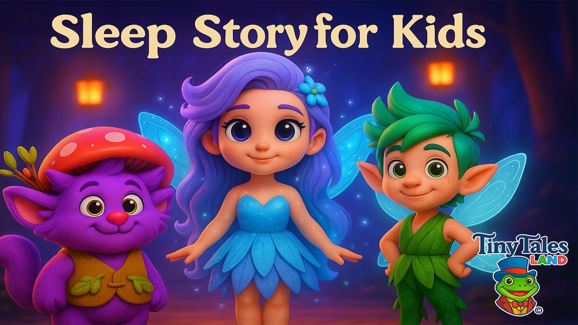 Illustration of Teena, Snoggle, and Lyria glowing softly in a lantern-lit forest, a magical bedtime story scene from Tiny Tales Land.
