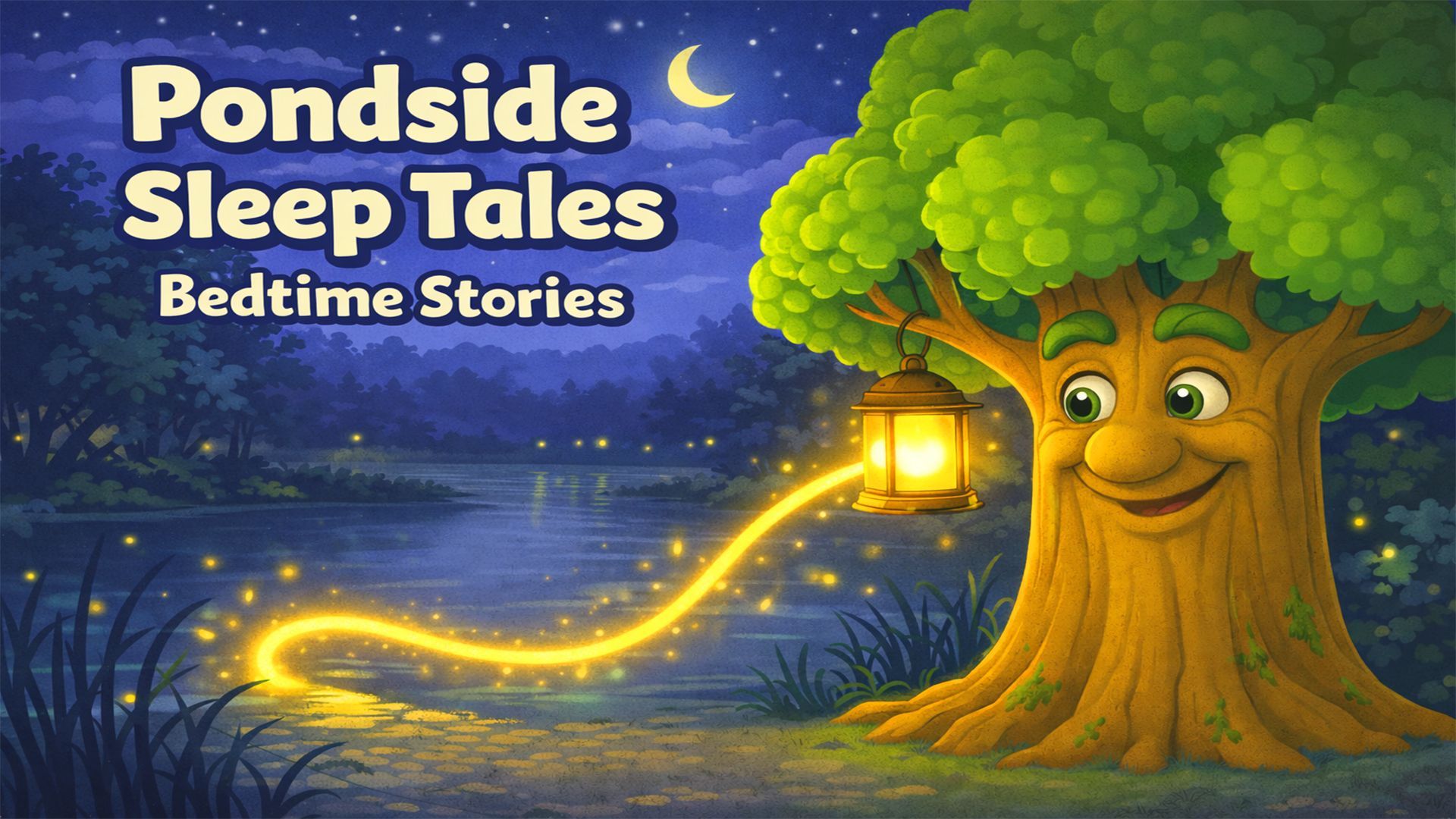 A cozy 3D illustration of Alderwise the wise tree watching over Junior, Leafy and Snoggle sleeping safely beside a glowing pond under a starry Tiny Tales Land night sky.