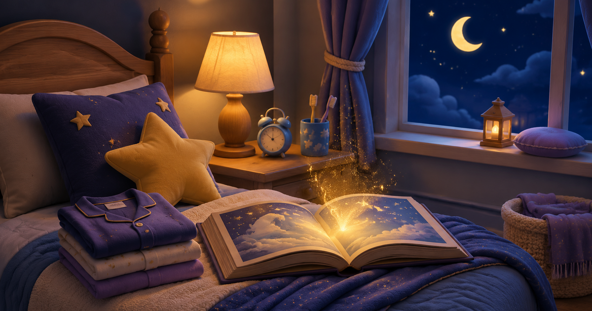 Cozy bedroom with a glowing open book on a bed, lamp, moonlit window, and stacked books.