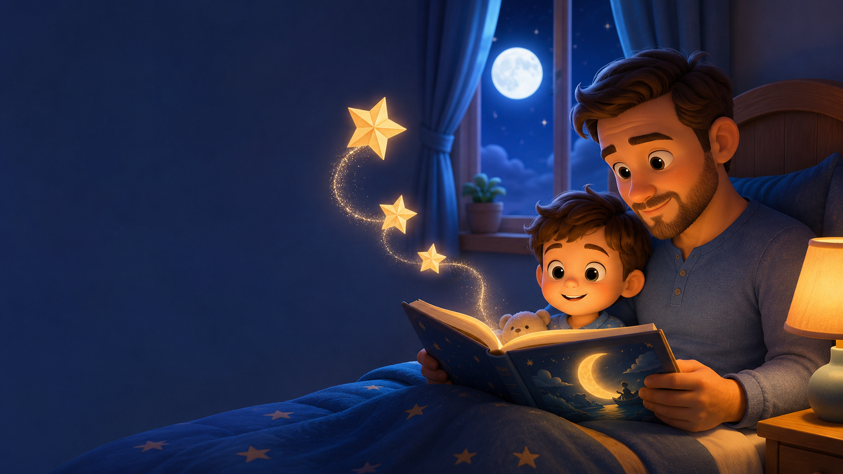 A parent reading a gentle bedtime story while a child becomes sleepy in a cosy moonlit bedroom