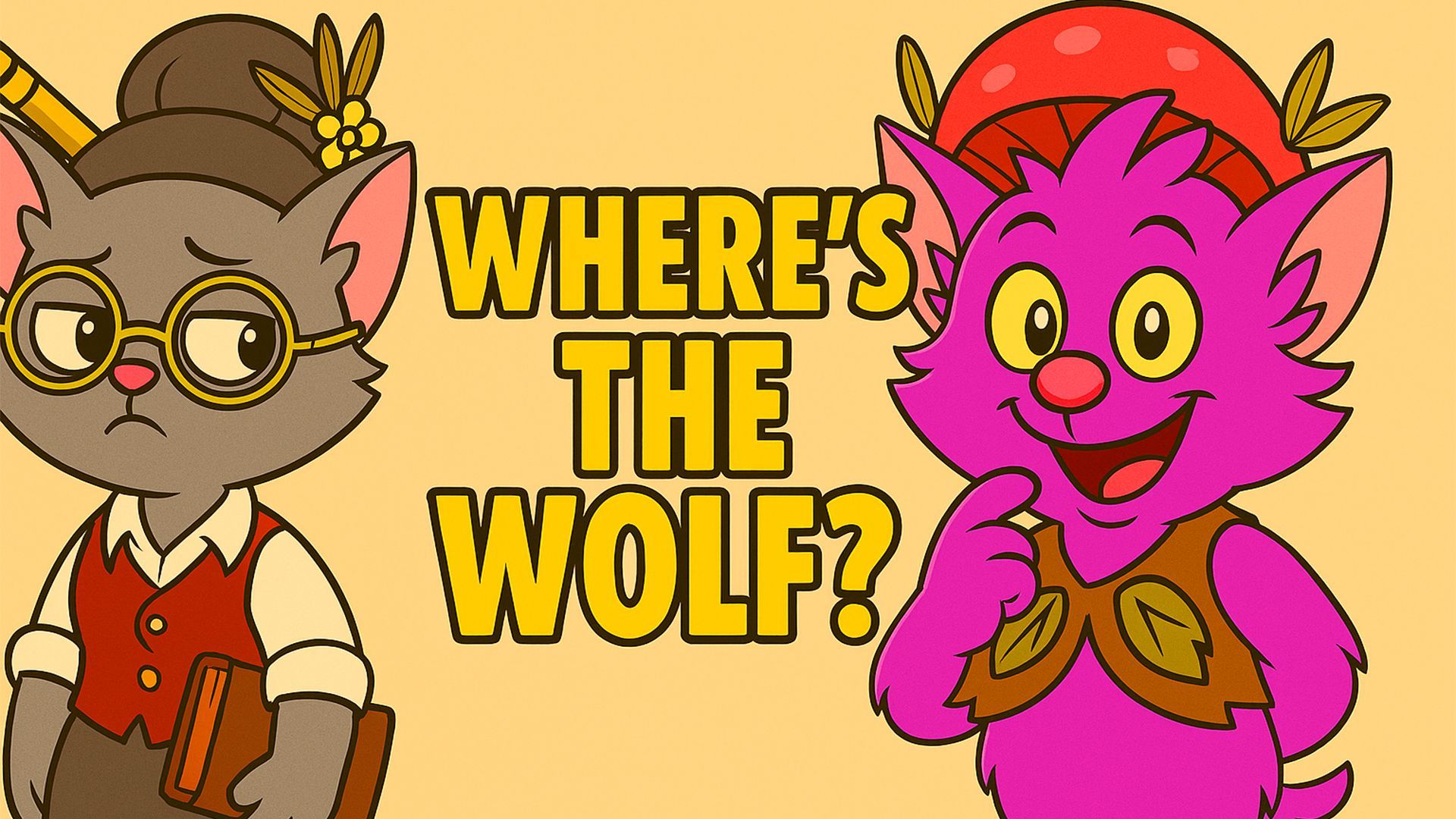 Purple cat smiles playfully beside grumpy grey cat in glasses, fairy tale twist on the boy who cried wolf.
