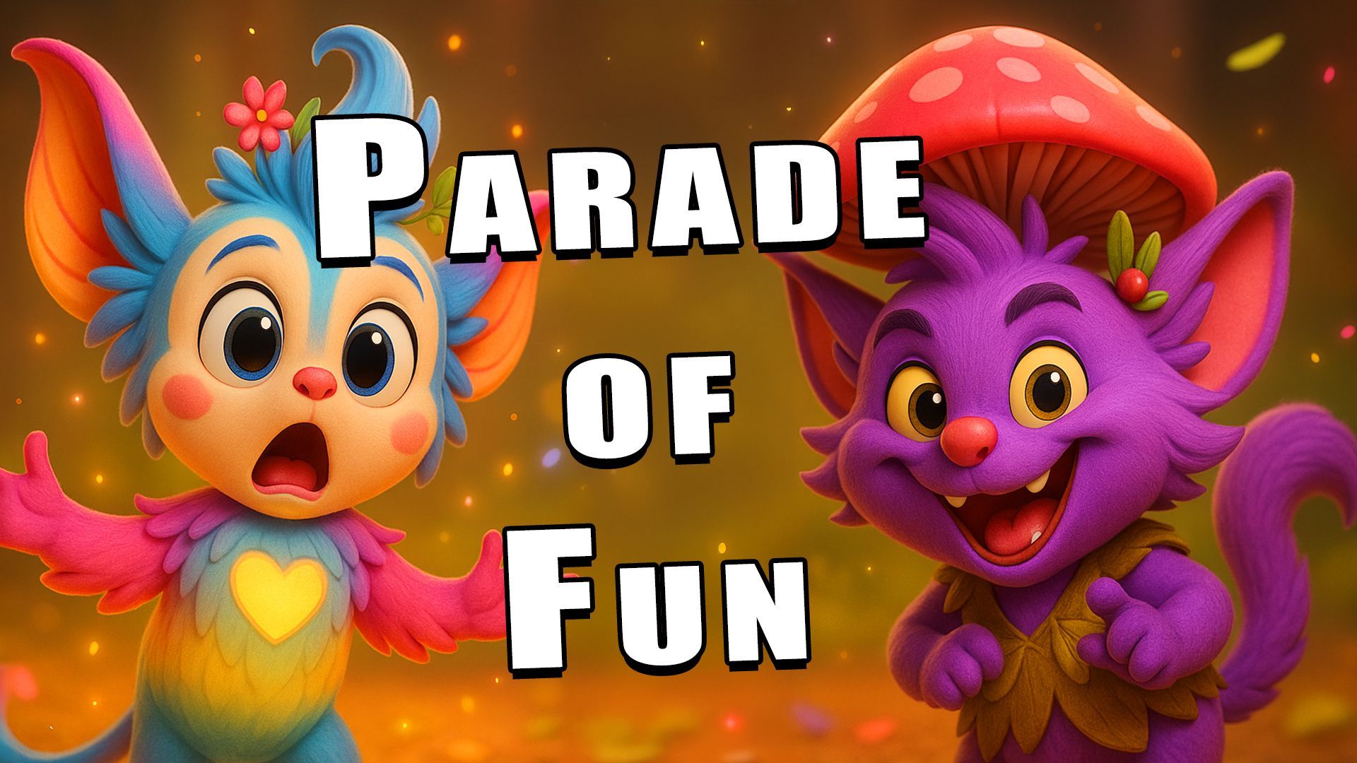 Colorful magical creatures march happily in a glowing forest, Tiny Tales Land parade bedtime story for kids.