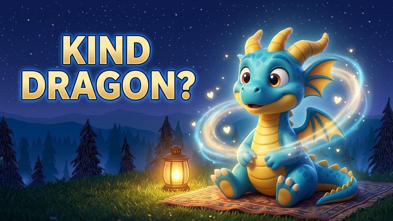 YouTube thumbnail for The Dragon Who Learned to Be Kind, a TinyTales Nightfall bedtime story for kids.