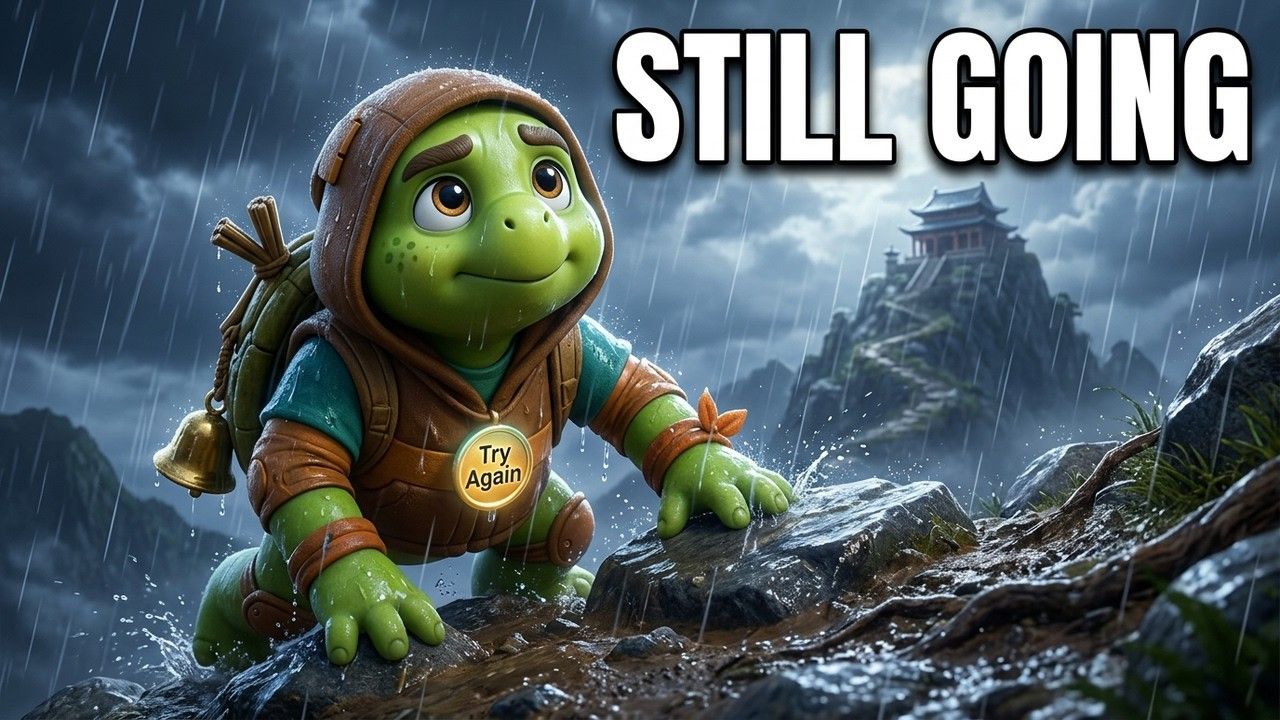 YouTube thumbnail for Rumi the Turtle Never Gives Up, a TinyTales Nightfall bedtime story for kids.