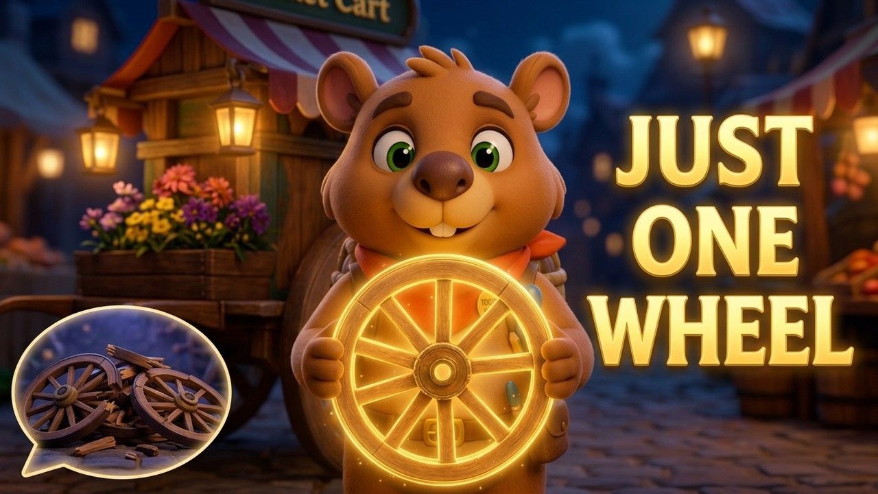 Cammie the Capybara beside a broken market cart in The Wheel Nobody Noticed bedtime story.