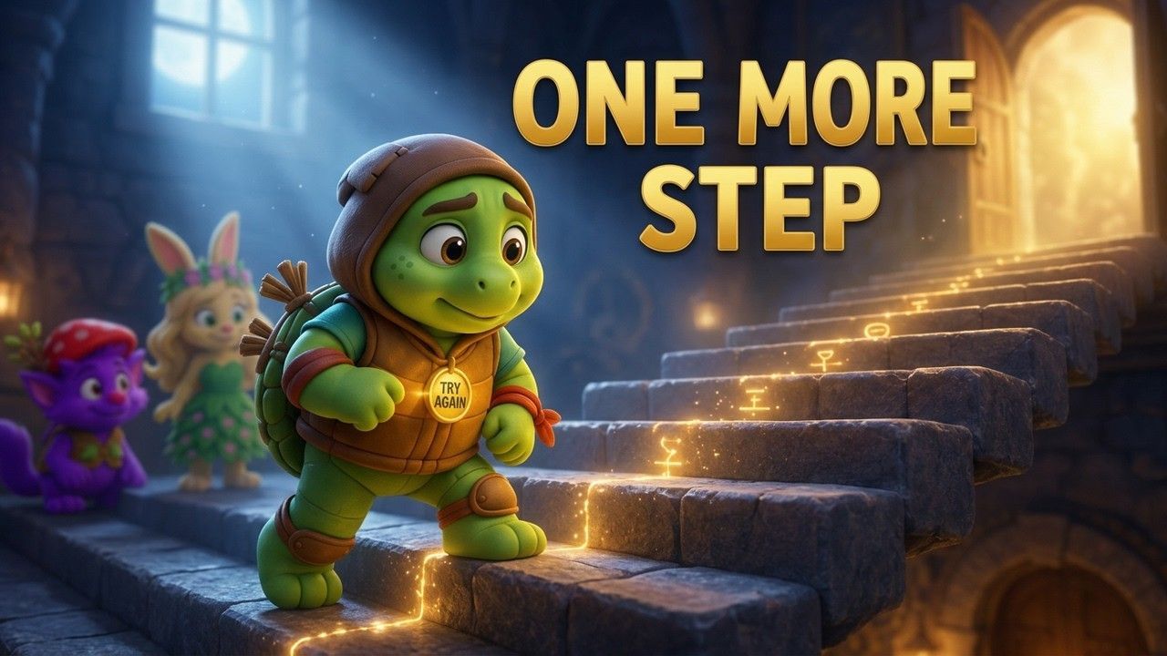 Rumi the Turtle resting on the moonlit Try Again Stair in a gentle TinyTales lullaby.