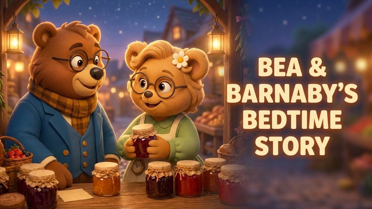 YouTube thumbnail for Bea Meets Barnaby at the Market, a TinyTales Nightfall bedtime story for kids.