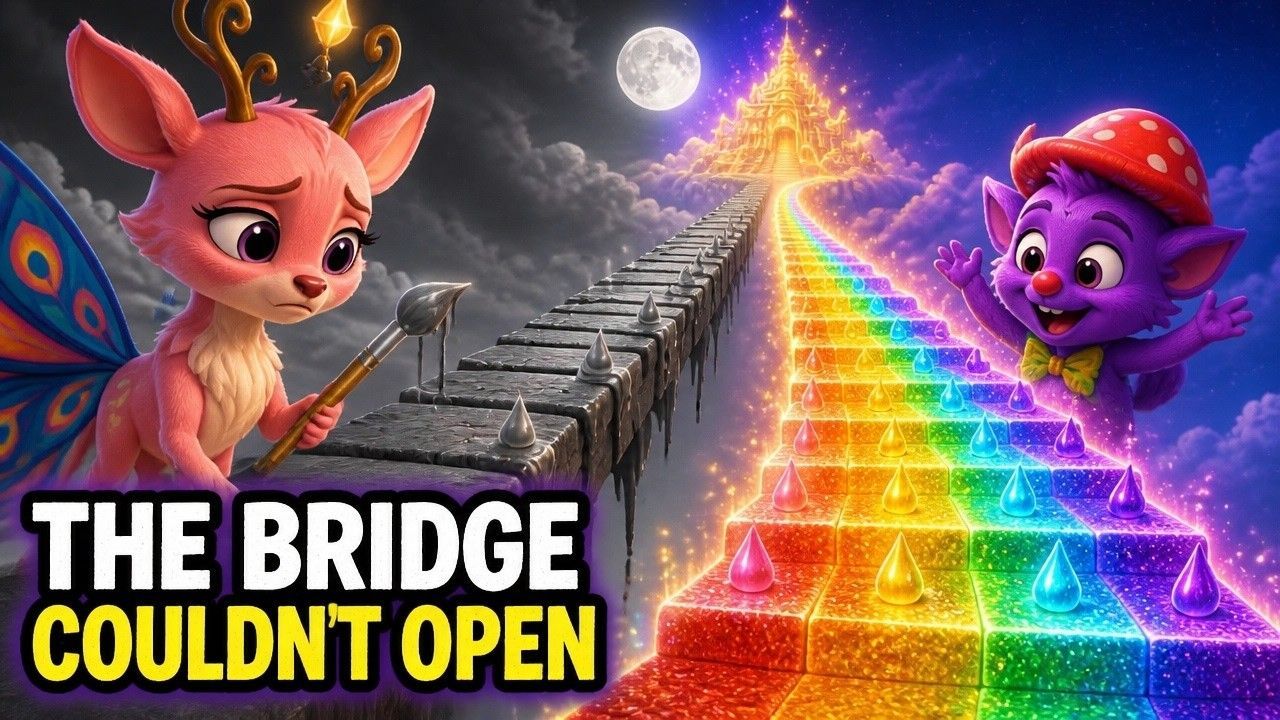 Inspira and Snoggle creating an imperfect rainbow path across the magical Sky Paint Bridge.