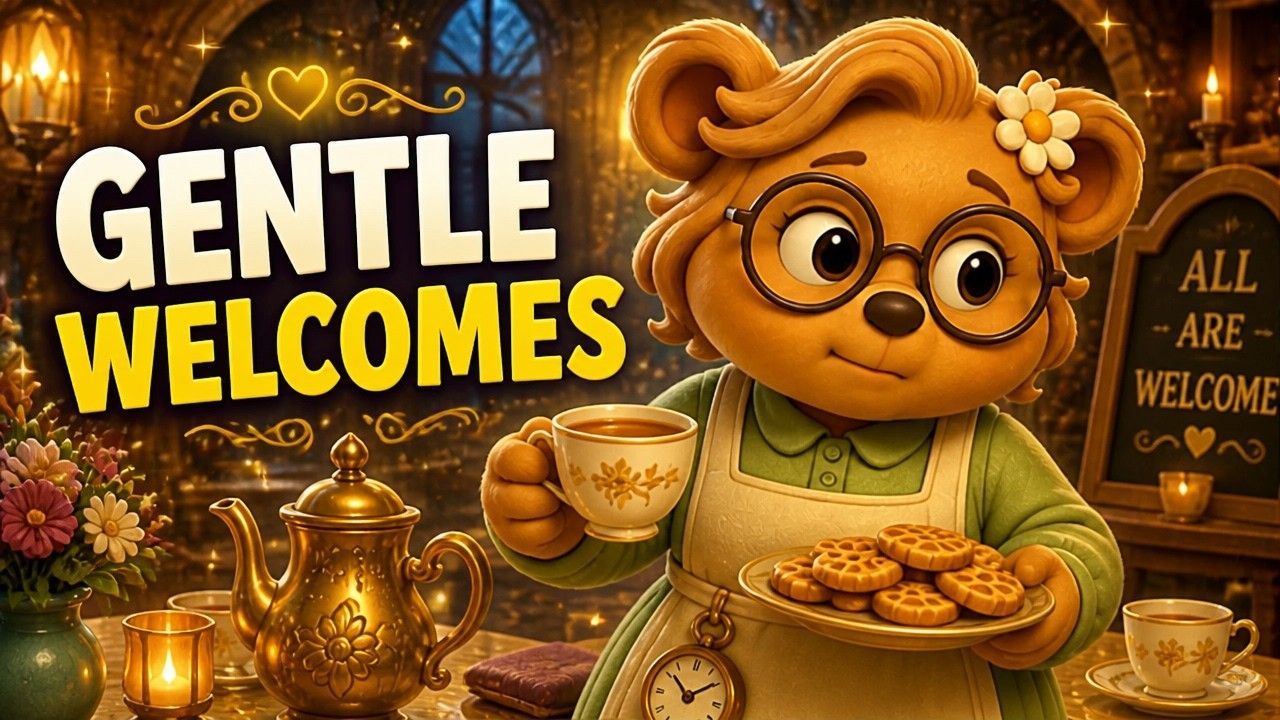 YouTube thumbnail for The Bear Who Forgot Welcome, a TinyTales Nightfall bedtime story for kids.