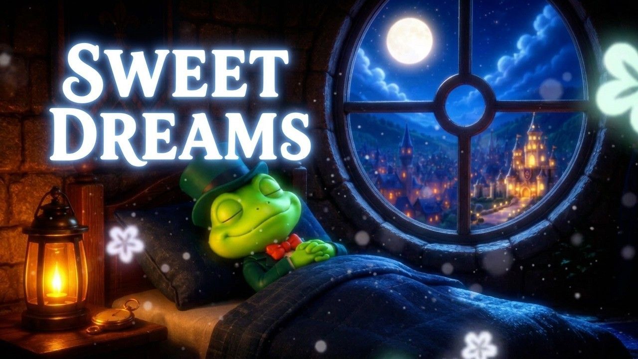 Junior the frog resting beside a moonlit window in Golden Seed Castle during a gentle bedtime lullaby.