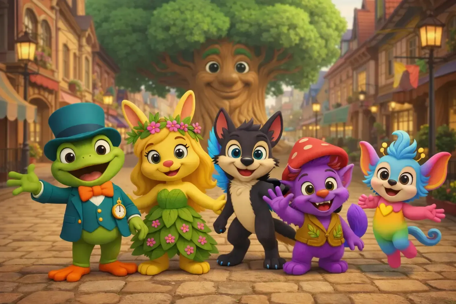 Junior, Leafy, Max, Snoggle, and Pixie together in Paddington Town beneath Alderwise