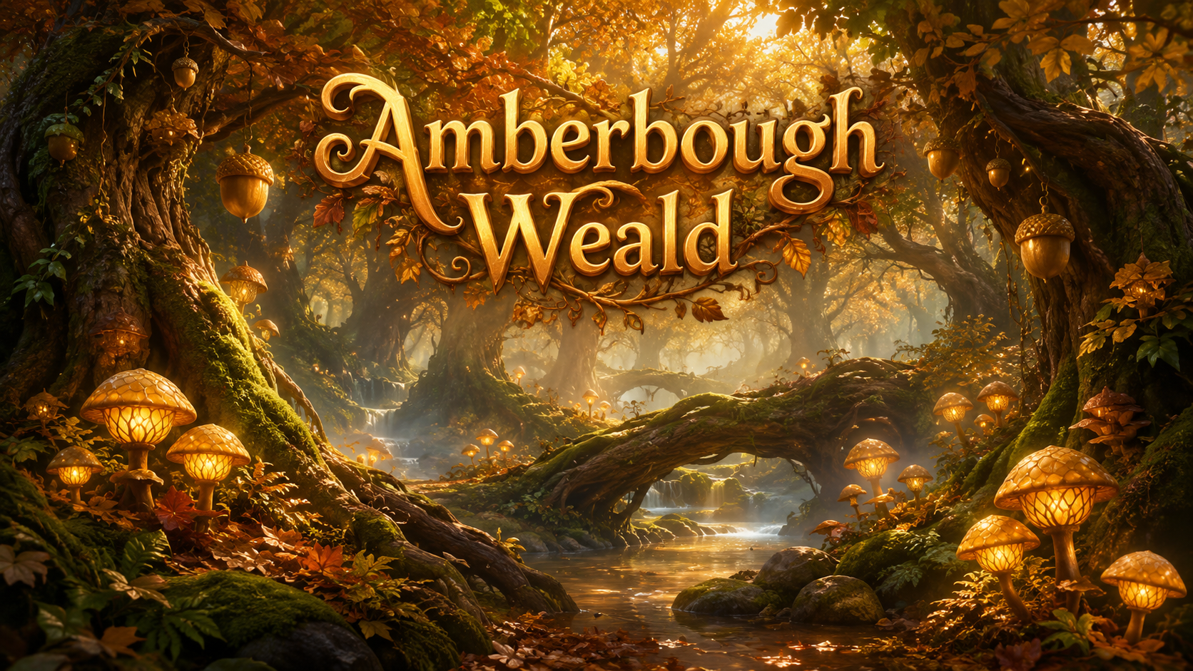 Amberbough Weald with ancient roots, copper leaves and glowing forest fungi