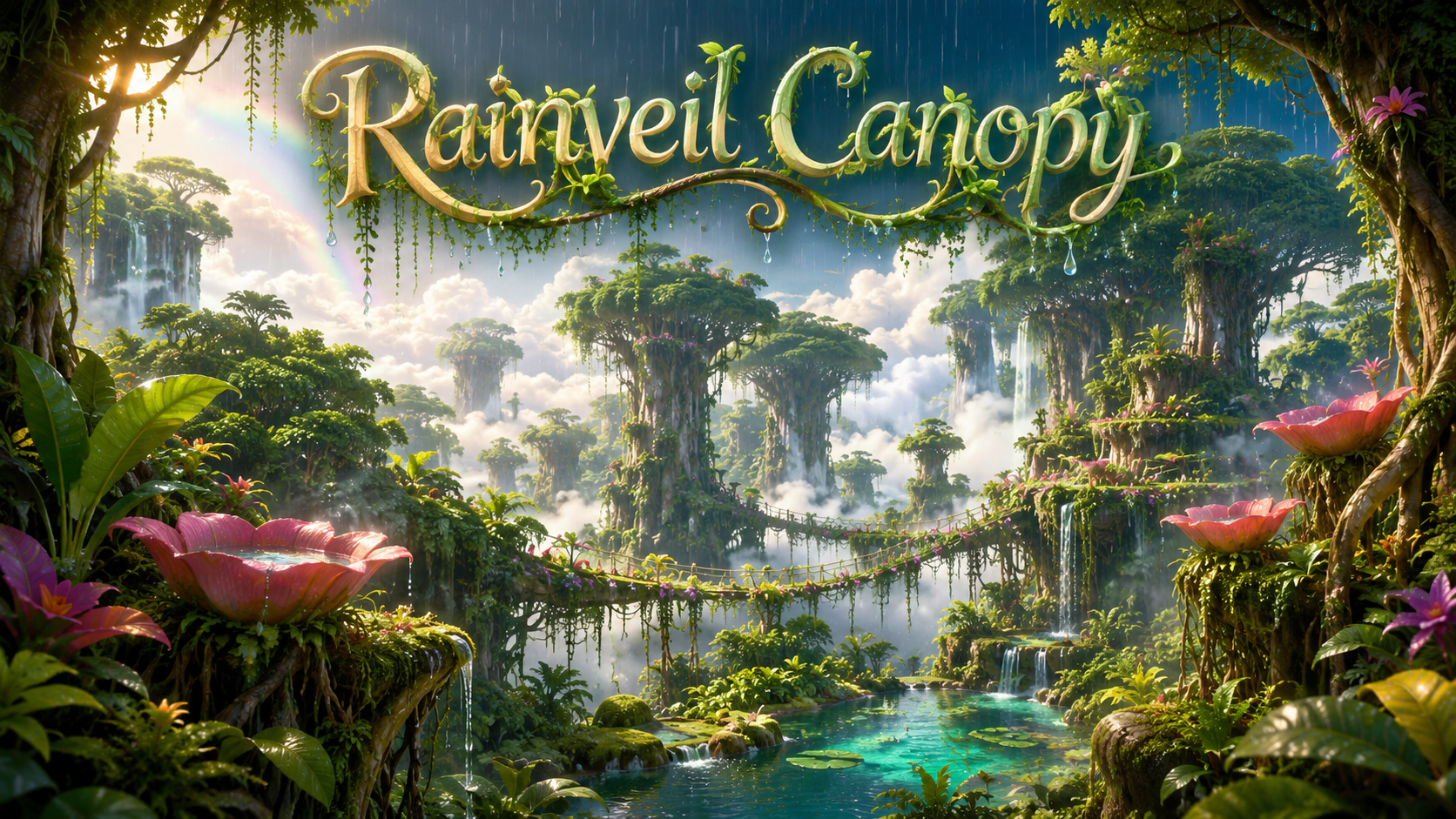 A towering magical rainforest with cloud-filled treetops, hanging root bridges, broad leaves and gentle curtains of falling rain.