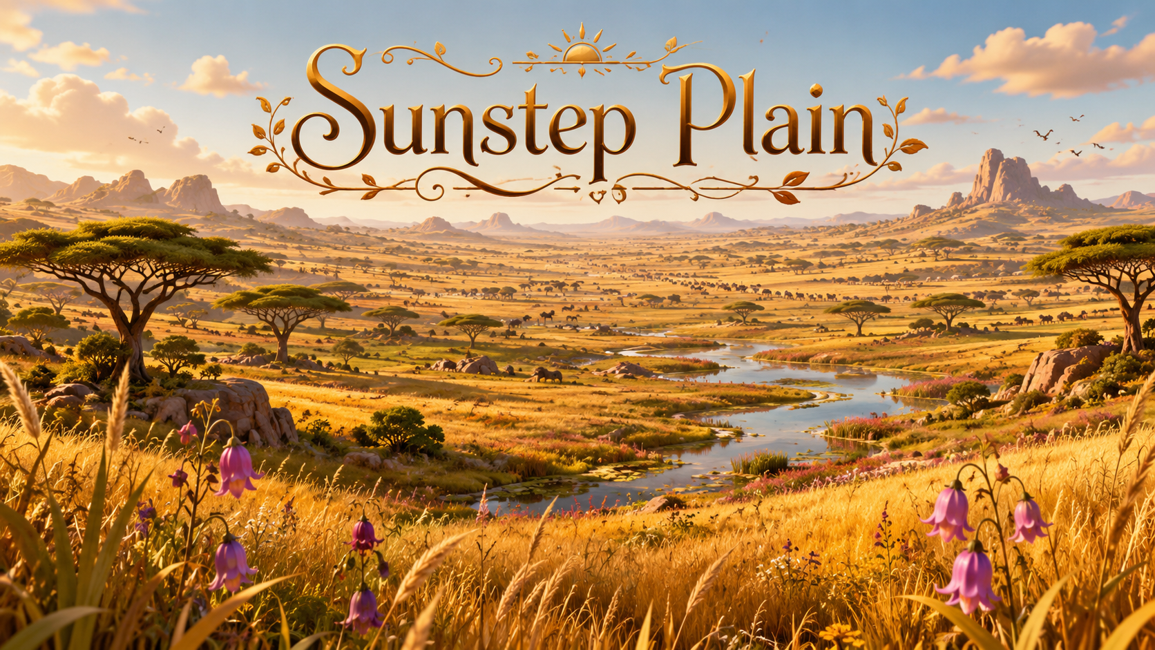A vast golden grassland with seasonal pools, umbrella-shaped trees, migration trails and herds crossing beneath a bright sky.