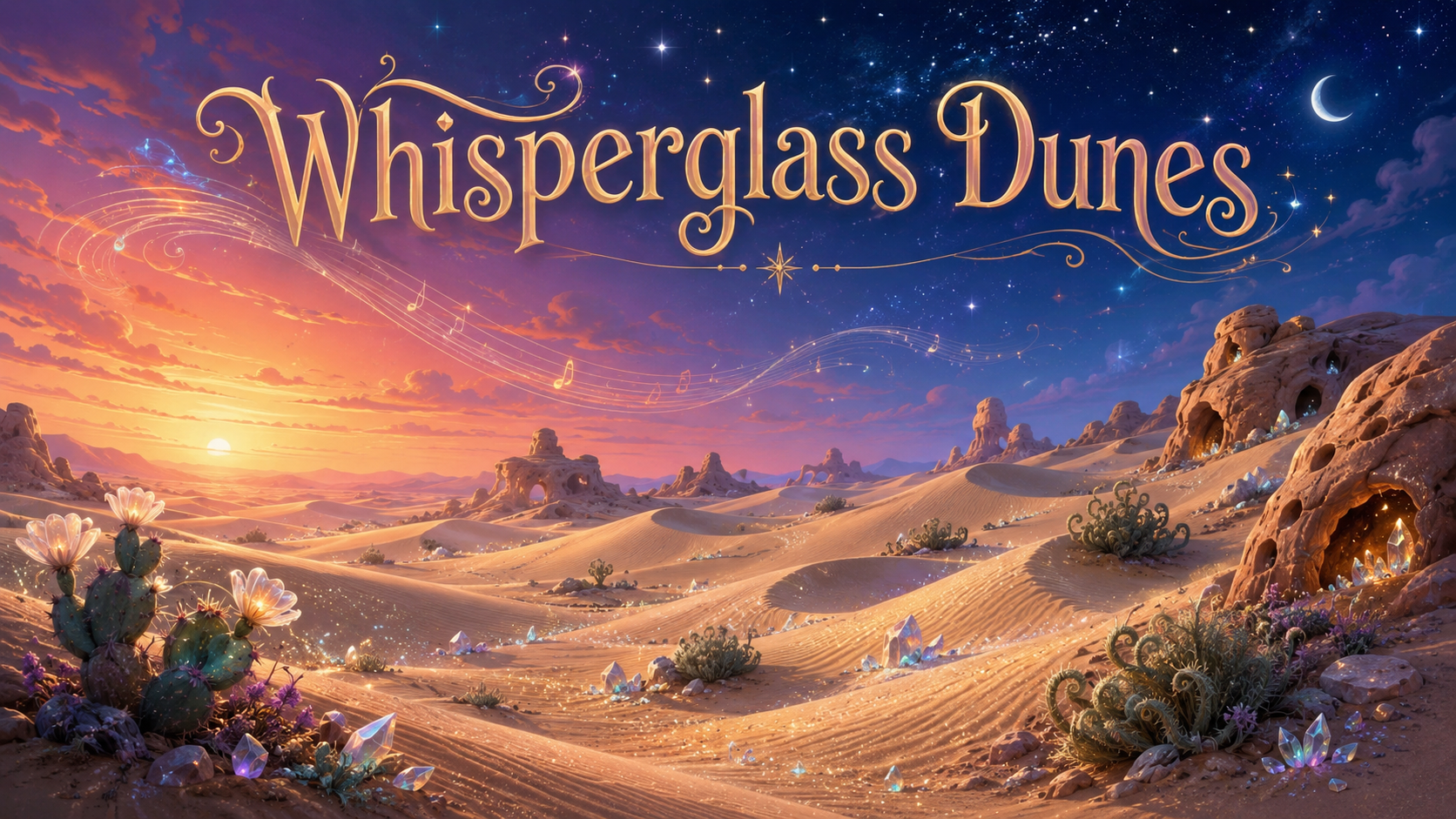 Pale golden desert dunes mixed with shimmering crystals, mooncup cactus, rocky shade hollows and a brilliant star-filled sky.