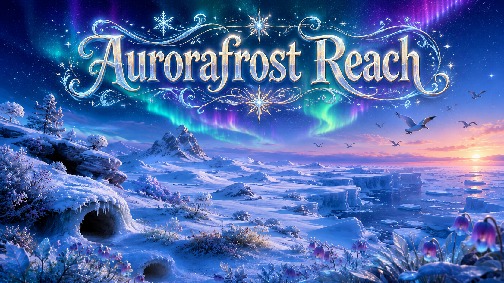 A broad frozen tundra with blue-white ice, wind-carved ridges, migrating birds, low plants and colourful aurora lights.
