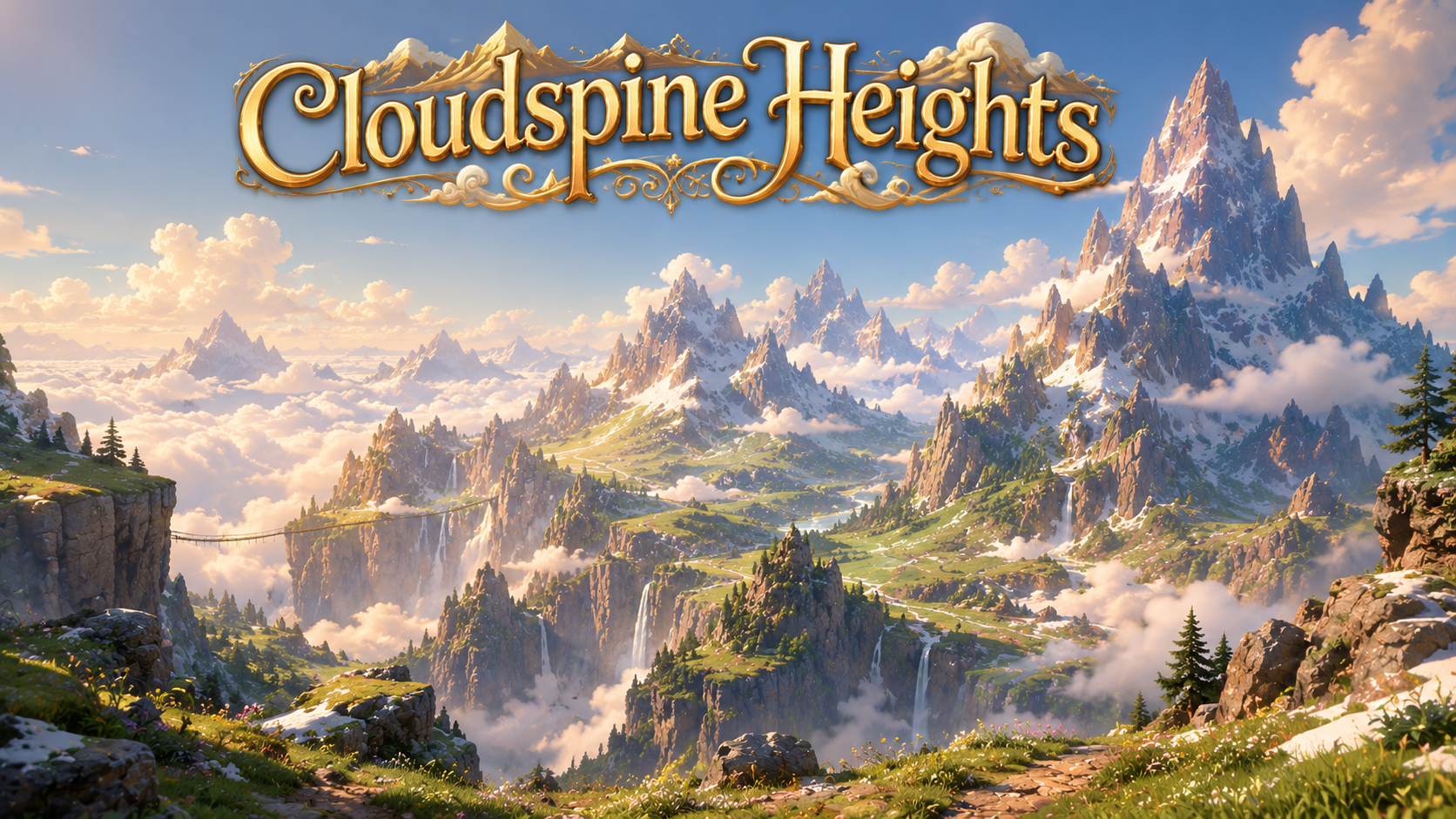 A dramatic mountain chain rising above the clouds with alpine meadows, snowfields, waterfalls, narrow passes and high forests.