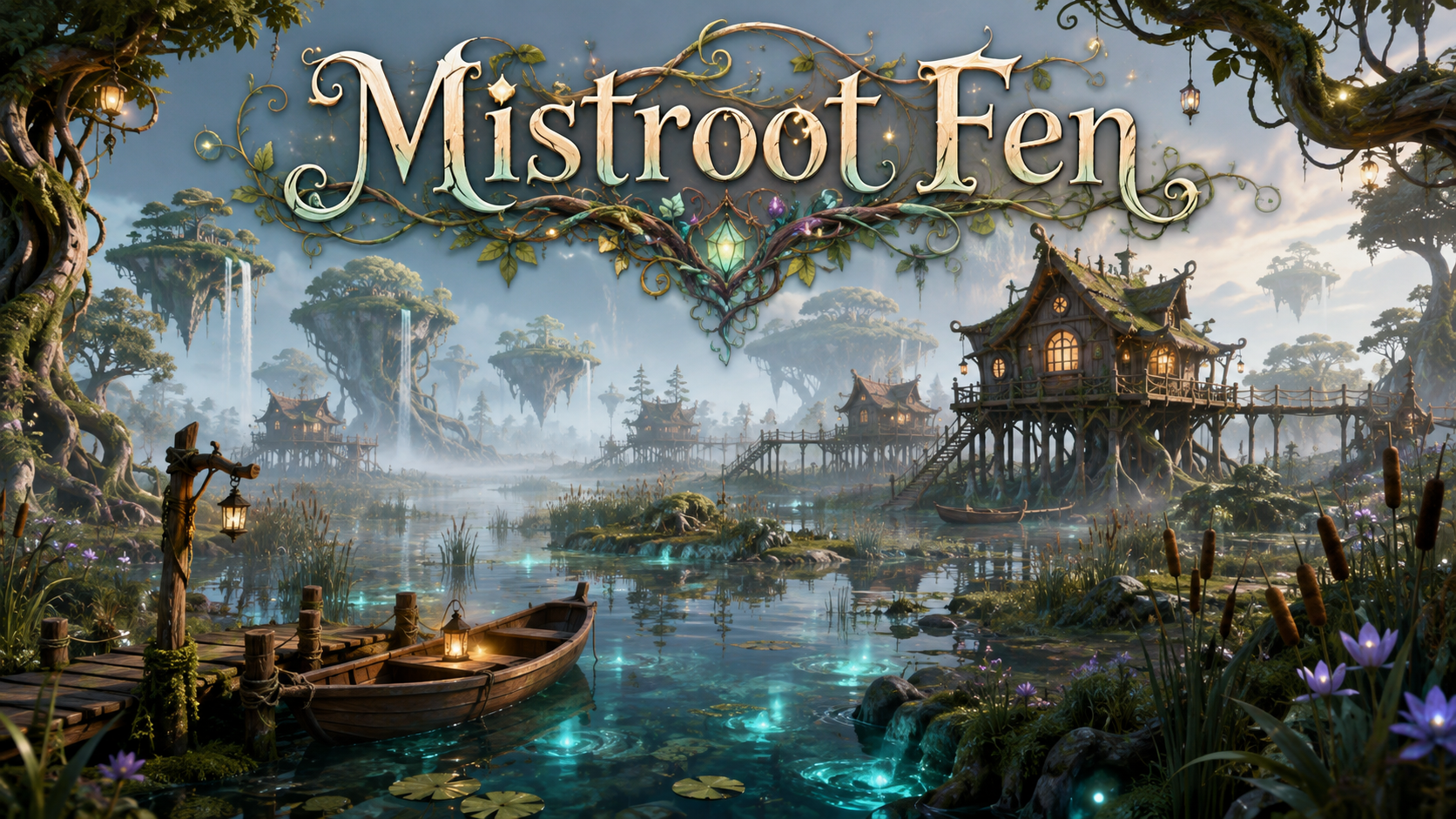 A silver-misted wetland with shallow pools, reed beds, twisted roots, floating islands, raised homes and narrow waterways.