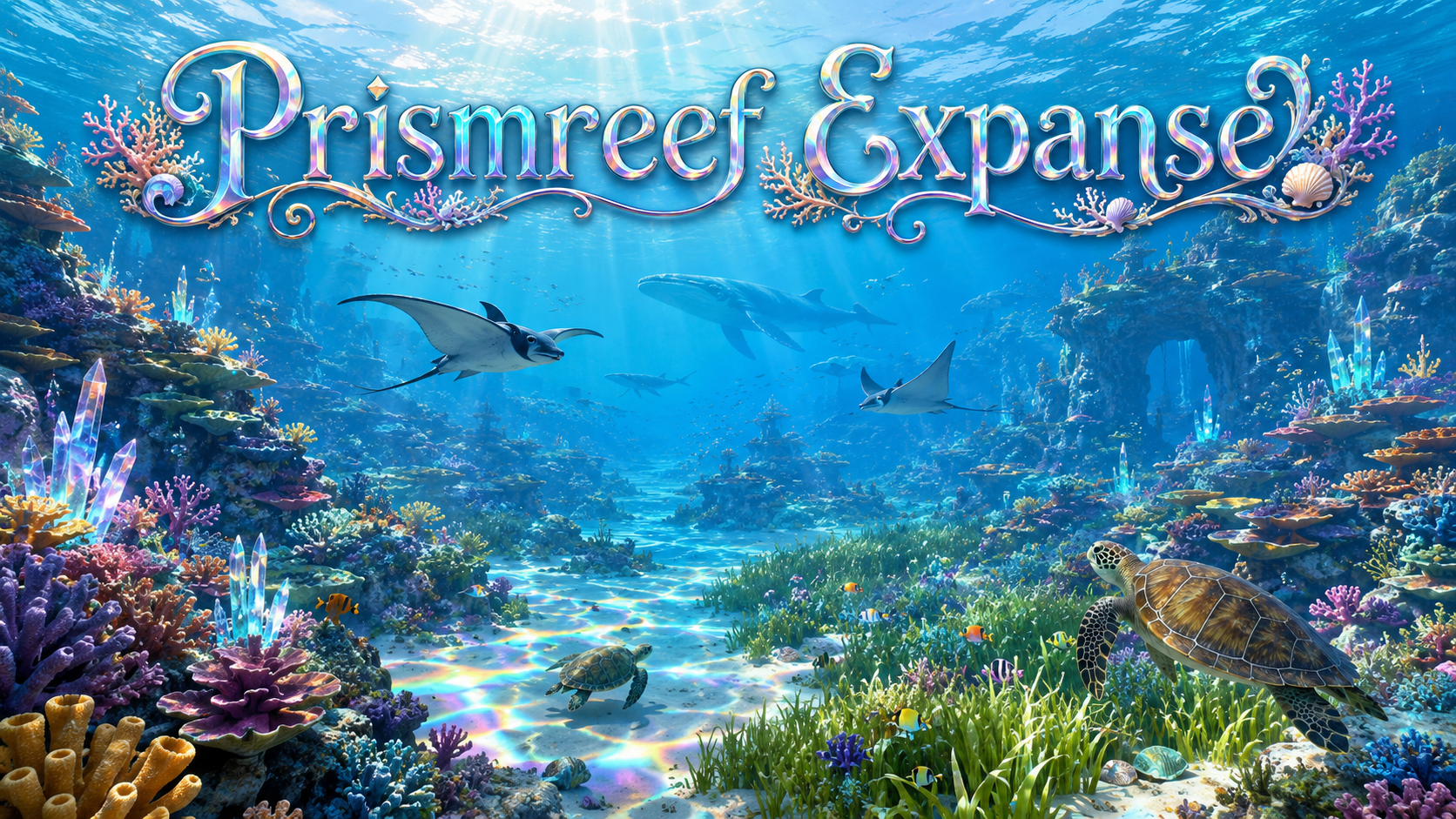 A colourful coral reef and open-ocean region with seagrass meadows, reef channels, rays, turtles and shafts of prism-like sunlight.
