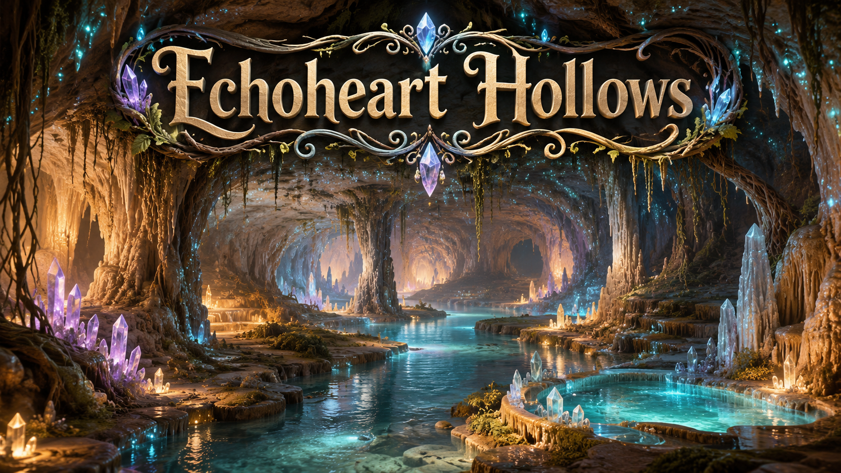A vast underground cave system with limestone chambers, crystal pools, mineral columns, glowing cave life and flowing groundwater.