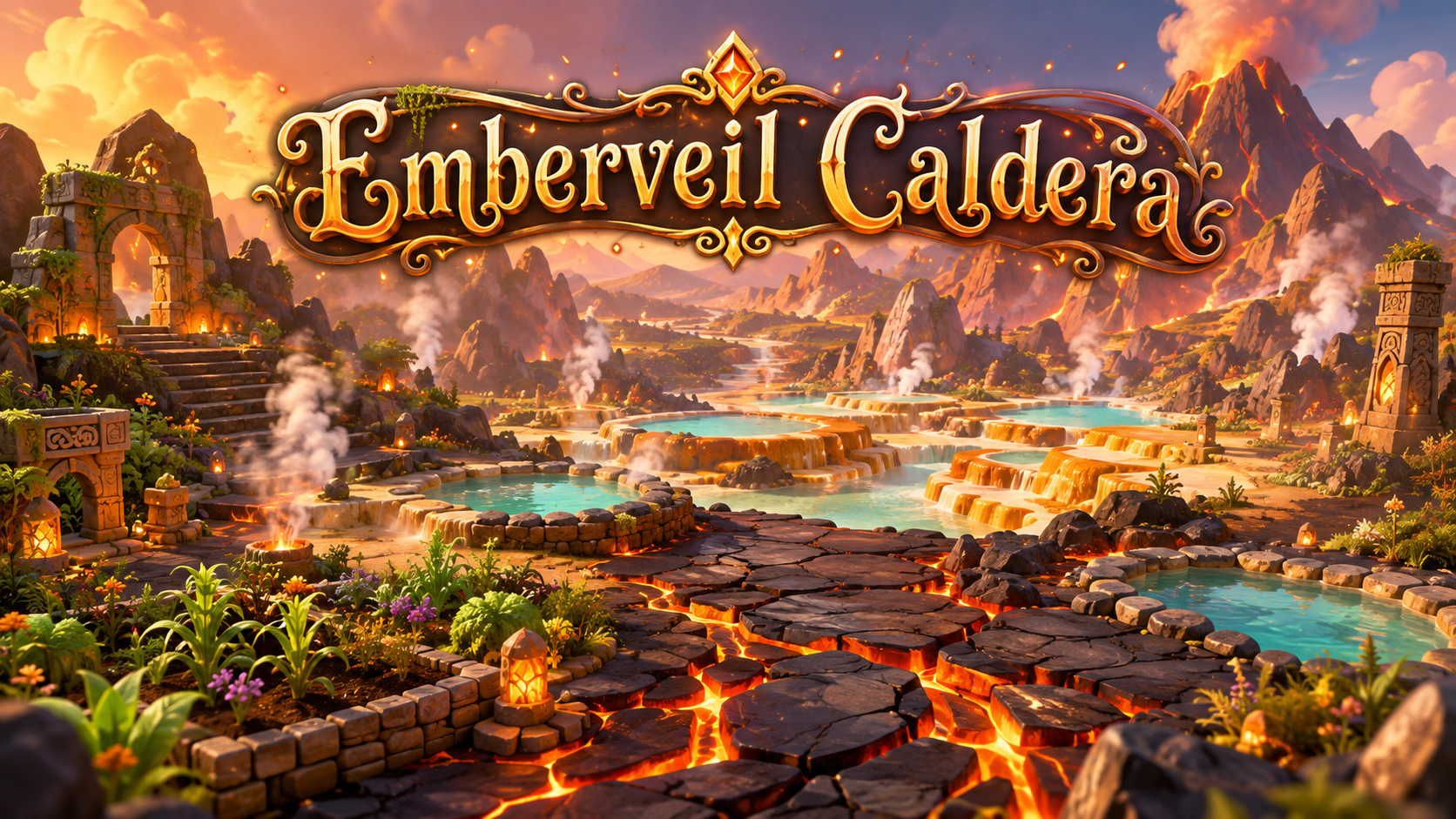 An ancient volcanic basin with black lava terraces, warm pools, steam vents, mineral gardens and glowing heat beneath the rock.