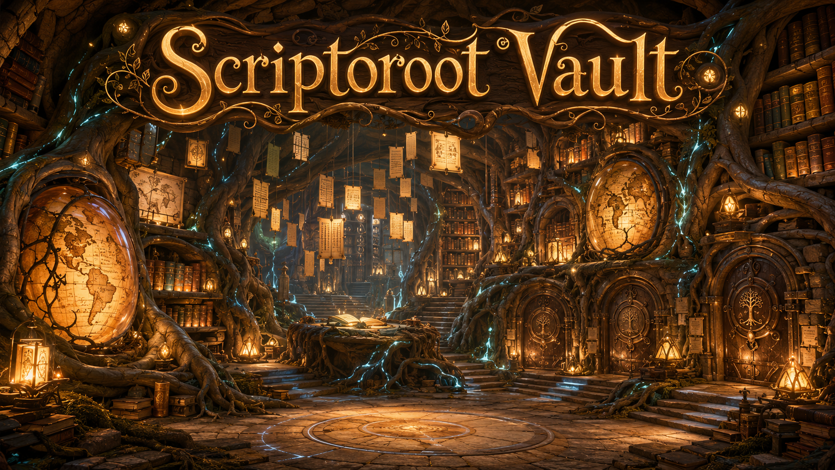 A hidden living archive beneath stone roots with glowing ink, amber map pods, suspended pages and sealed expedition chambers.