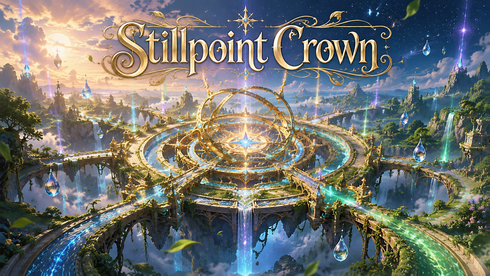 A vast floating route nexus with golden rings, suspended water and leaves, converging roots and rivers, and a compass-heart engine.