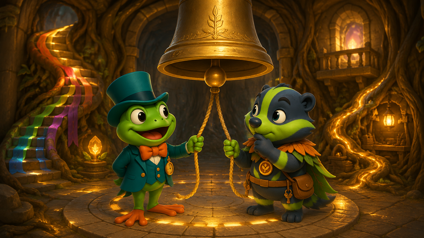 Junior and Bramble stand beneath the silent bell in Golden Seed Castle while its divided rope hangs between them.