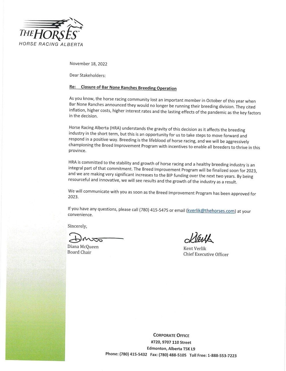 Closure of Bar None Ranches Breeding Operation