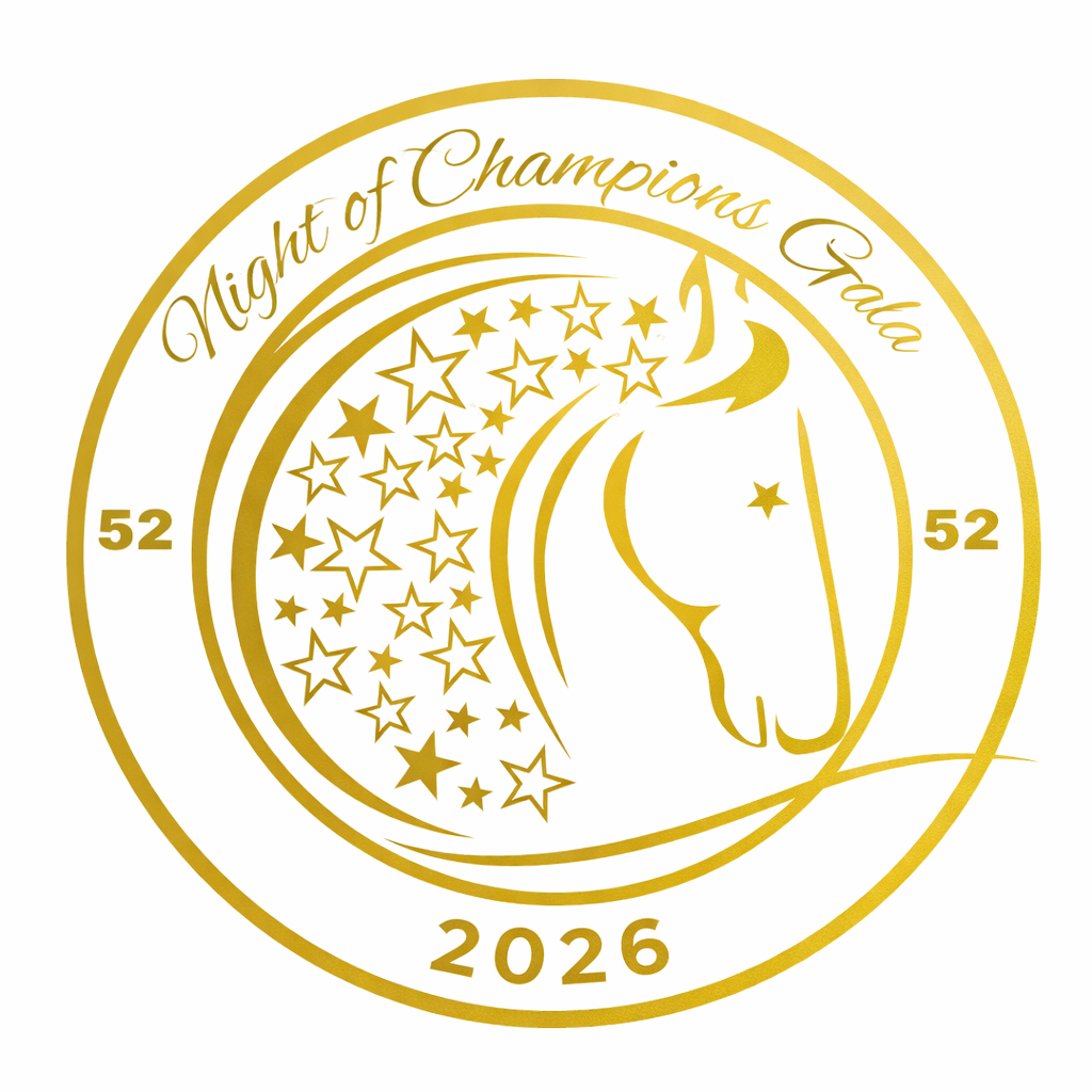 Gold circular logo with horse head and stars, reading 