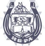 Black-and-white horseshoe with a horse, a handshake, and a candle depicted. H.B.P.A is on the bottom of the horseshoe