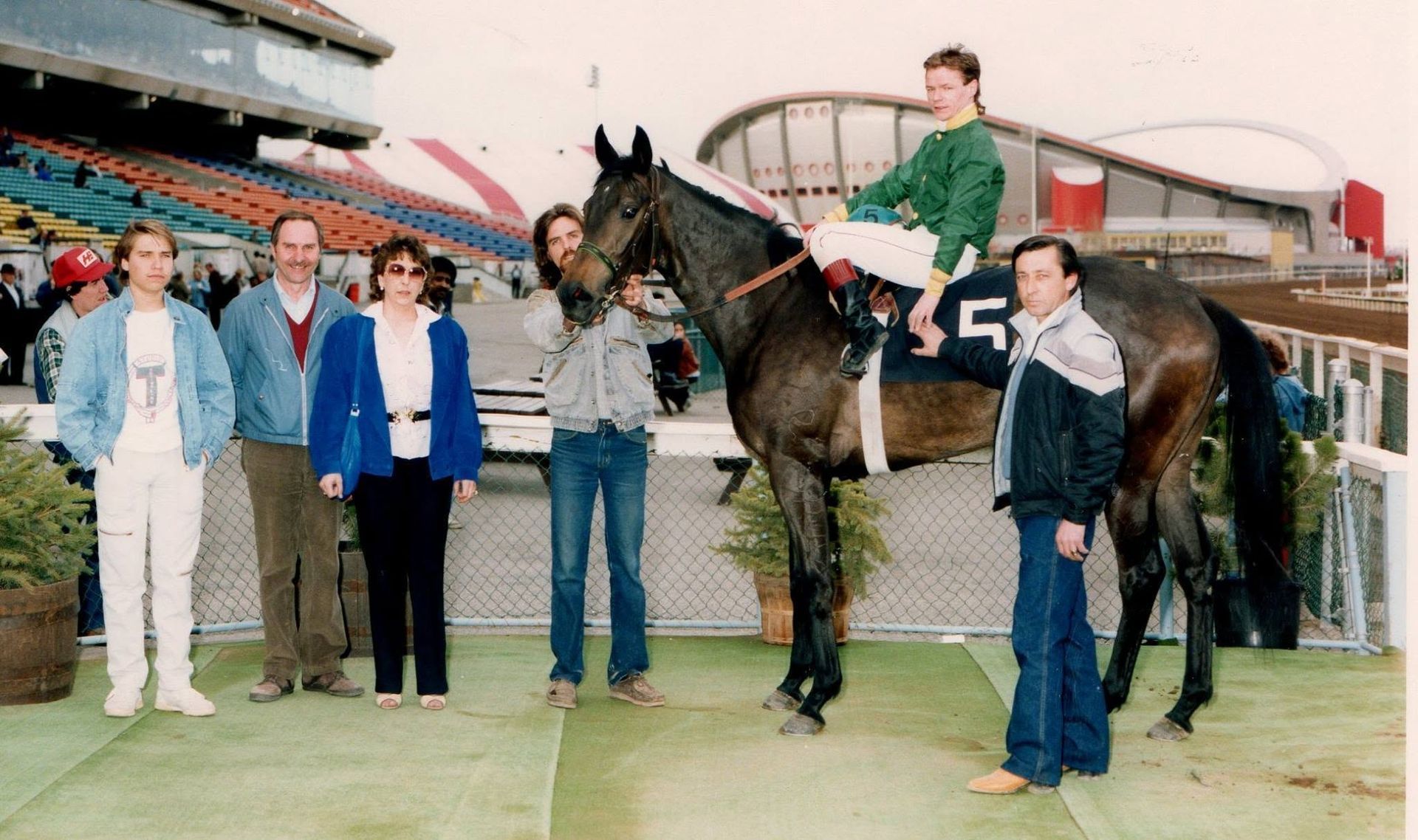 Rennie Gellner in undated photo (second from left) with Don Seymour up as Jockey and trainer Floyd Arthur on right.