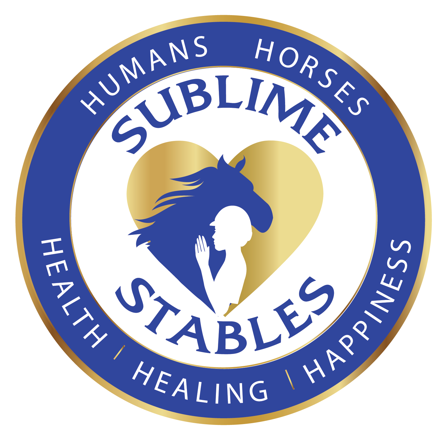 Sublime Stables logo with horse head and person silhouette inside a gold heart, blue and gold circular seal.