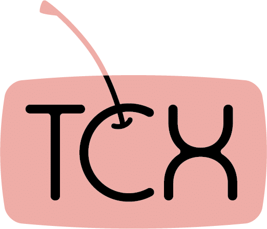 Stylized black “TCK” logo on a pink rounded rectangle with a curved line above the C.