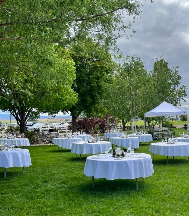 Our 5ft round tables with white 1/2 drop 90in covers