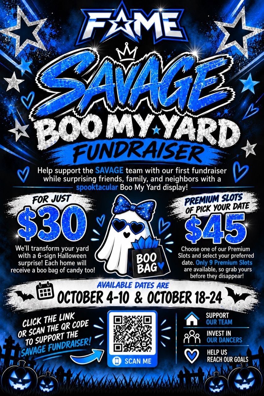 FAME Savage Boo My Yard fundraiser poster with October 2026 dates and pricing